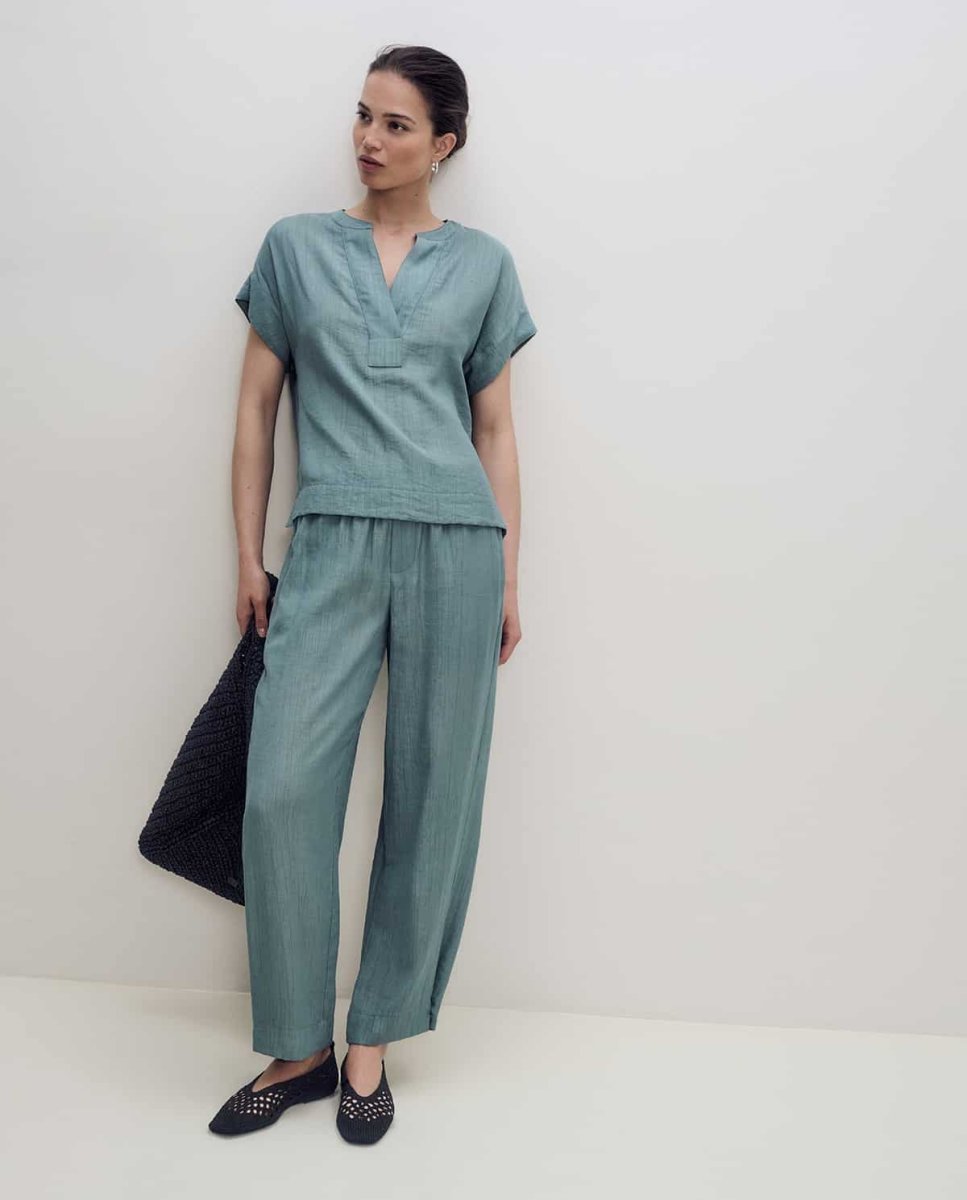 PANTALÓN FLUIDO WIDE LEG EFECTO ARRUGADO TURQUESA - Imagen 4