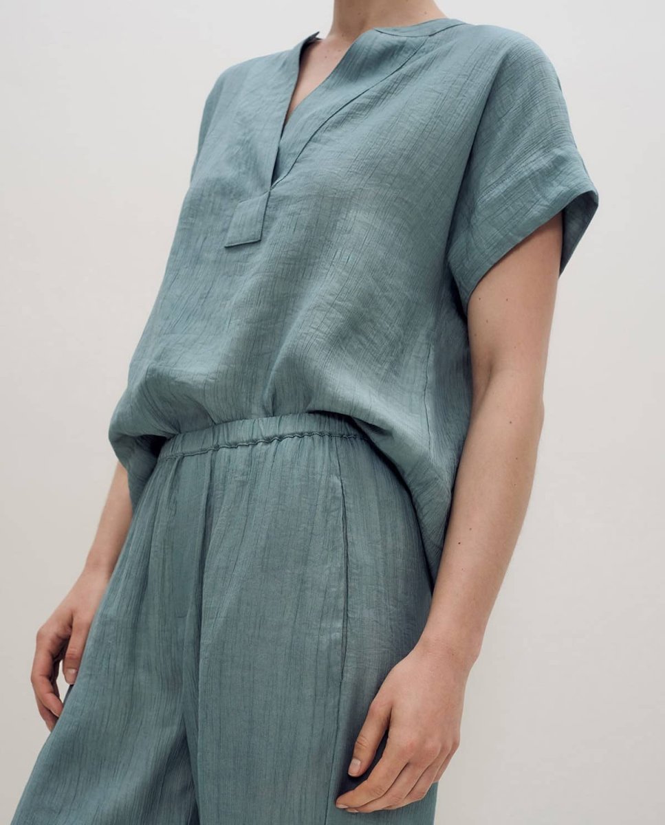PANTALÓN FLUIDO WIDE LEG EFECTO ARRUGADO TURQUESA - Imagen 5