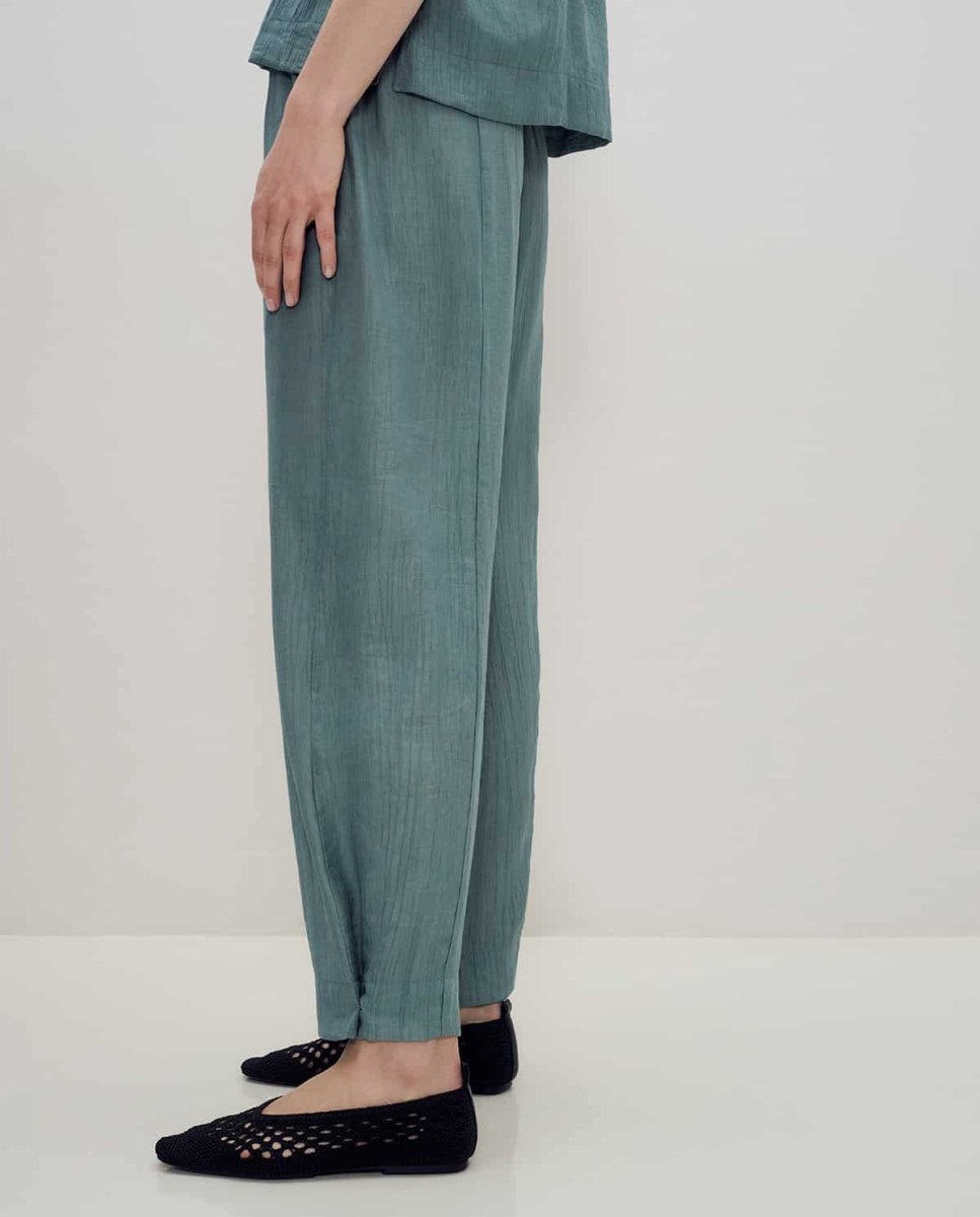 PANTALÓN FLUIDO WIDE LEG EFECTO ARRUGADO TURQUESA - Imagen 7