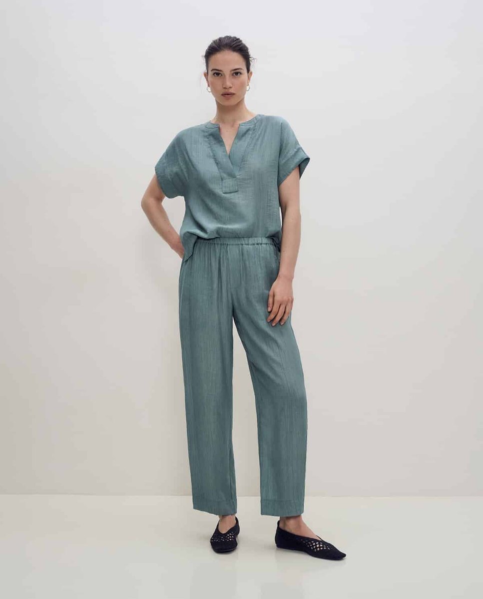 PANTALÓN FLUIDO WIDE LEG EFECTO ARRUGADO TURQUESA - Imagen 6