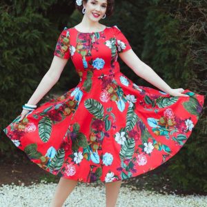 Hearts & Roses Tropical Blossom Vestido Swing 50's Rojo