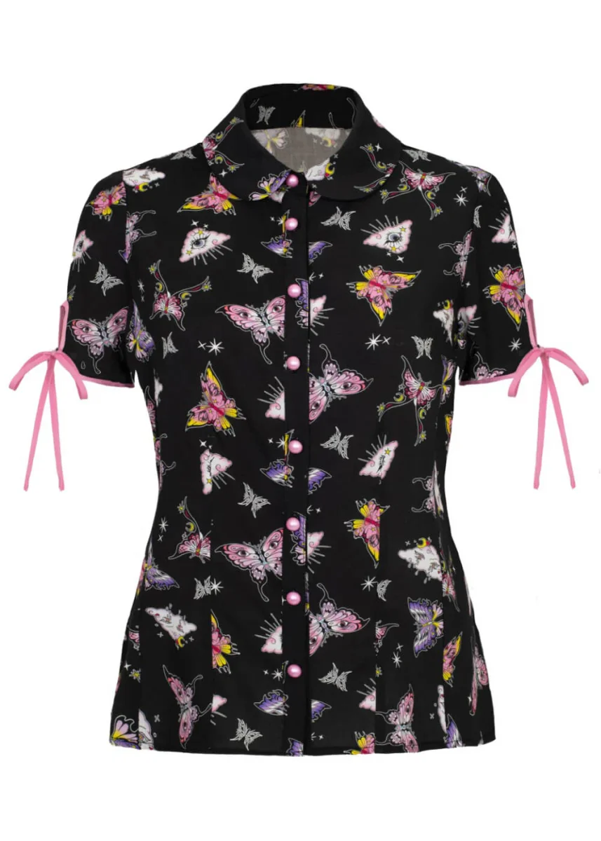 Blusa Mariposa Hell Bunny Kocho de los Años 40 Negra