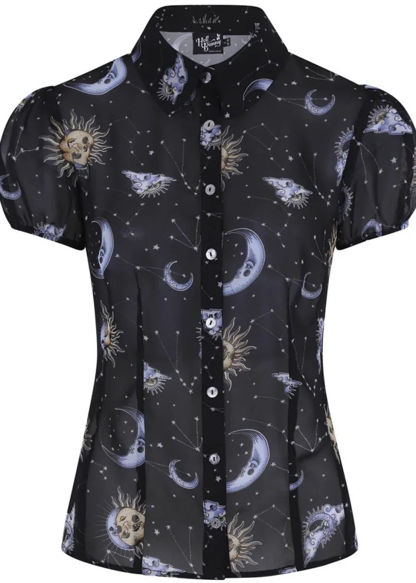 Hell Bunny Solaris Blusa Solar y Lunar de los 70 Negra