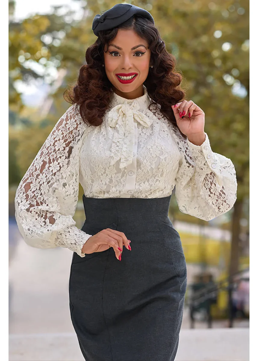 Miss Candyfloss Irina May Blusa de Encaje estilo años 40 Crema - Imagen 2