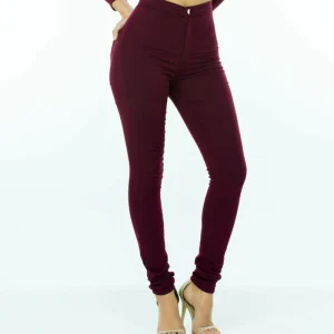 High Waist Denim Skinnies - Burgundy