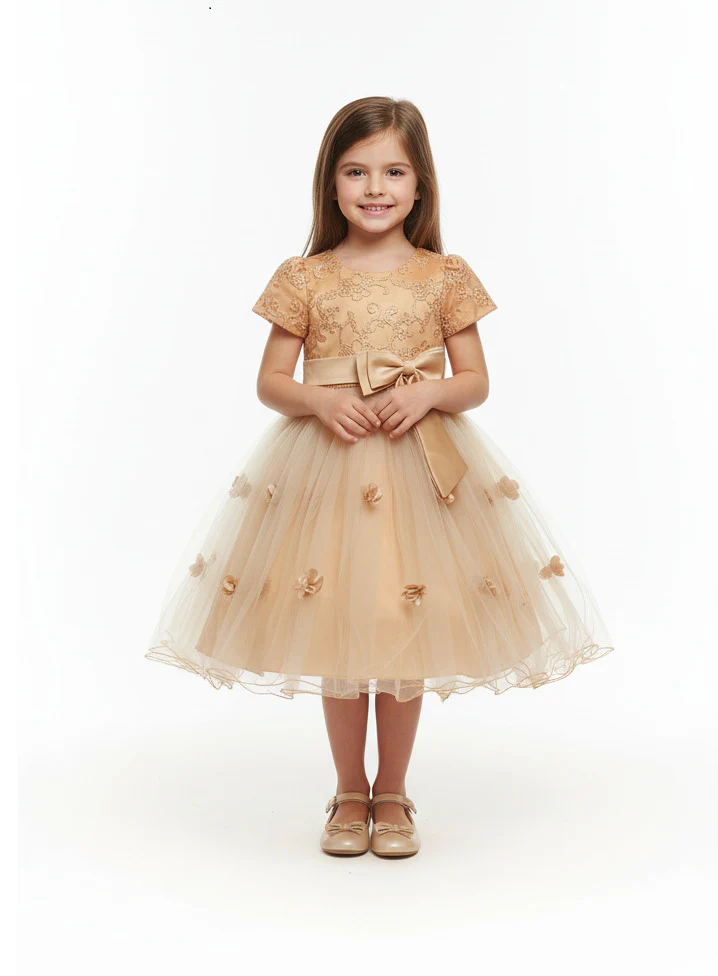 Vestido de Fiesta para Niña Dorado con Bordados Florales